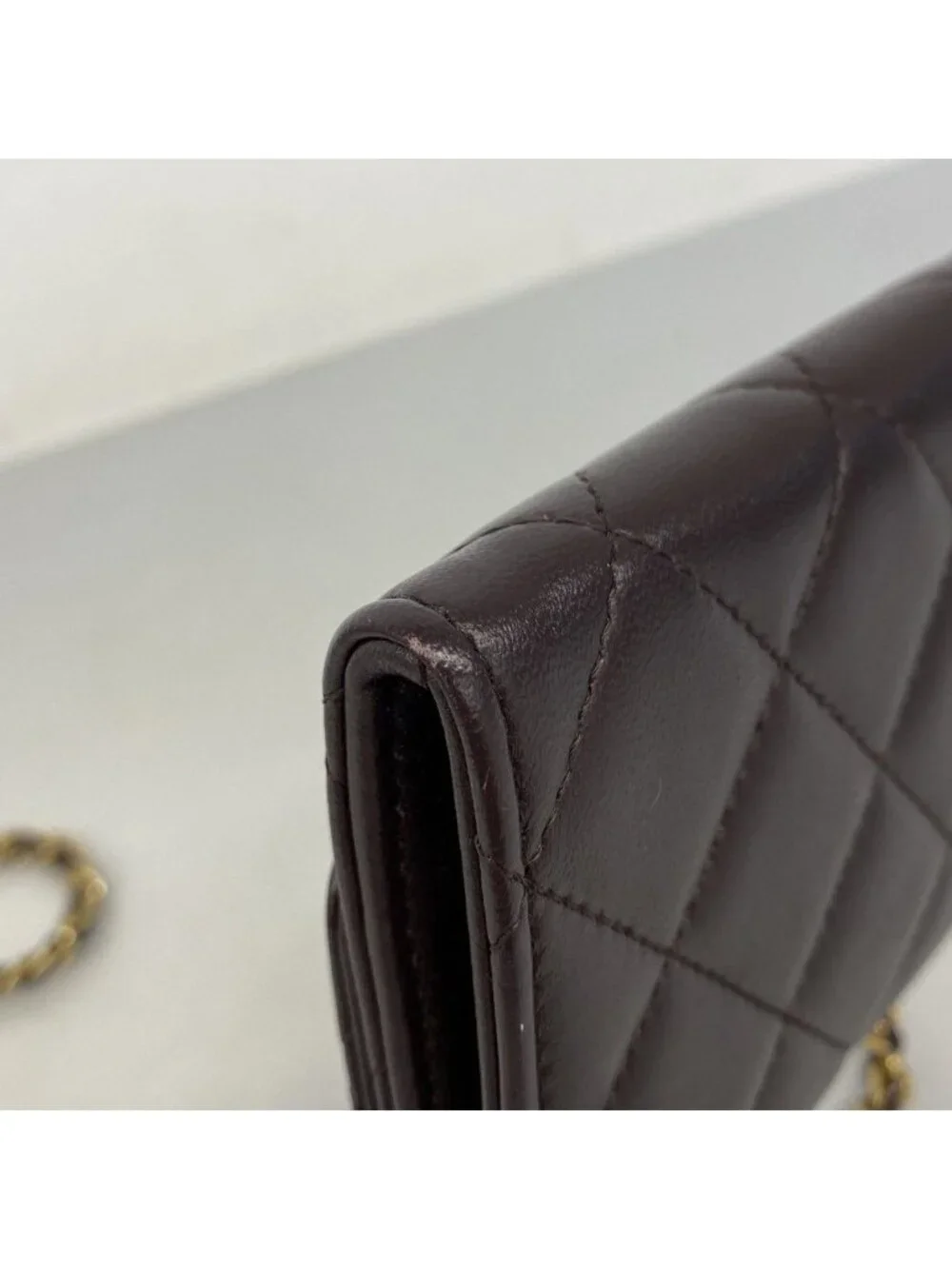 Chanel Shoulder Wallet Quilted Lambskin Dark Brown Gold